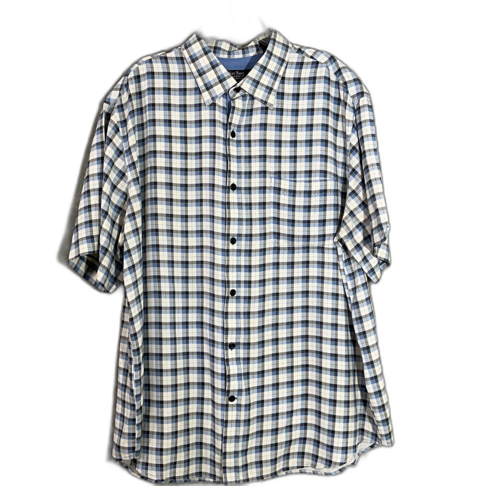 Nat Nast Shirt Mens XL100%-Silk American Fit Button Up Short Sleeve Plaid camp
